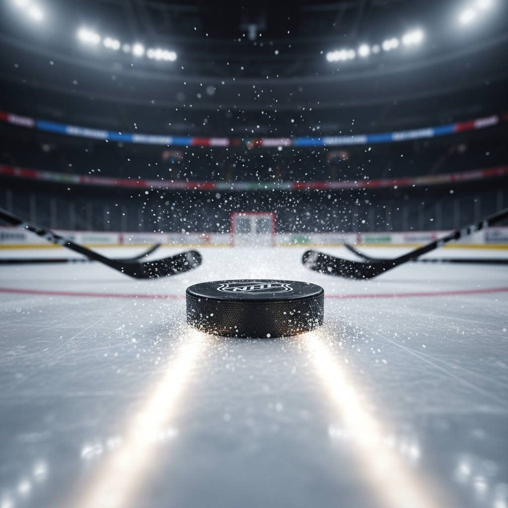 An intense, low-angle photographic view of a hockey puck mid-glide along the ice toward the camera, captured just as a spray of ice shavings kicks up behind it. The textured rubber surface, embossed ridges, and glistening ice crystals are rendered in razor-sharp detail. In the background, out-of-focus sticks and a goal crease hint at fast-paced Southern hockey action without showing players. Bright arena lights from above create dramatic highlights on the wet ice and a streak of reflection following the puck’s path. The composition is centered on the puck with a very shallow depth of field, giving a cinematic, high-speed, adrenaline-filled atmosphere perfect for headlines or breaking news stories.